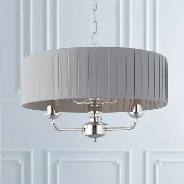 Bright nickel multi arm pendant light with charcoal fabric shade non lit view
