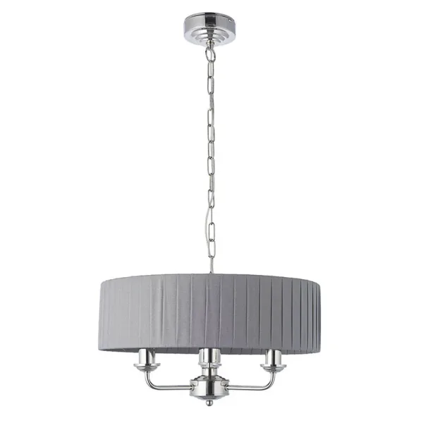 Bright nickel multi arm pendant light with charcoal fabric shade complete view