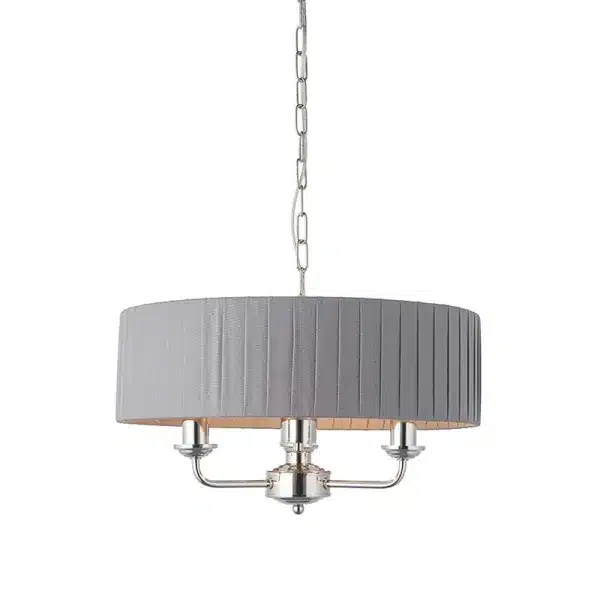 Bright nickel multi arm pendant light with charcoal fabric shade white background