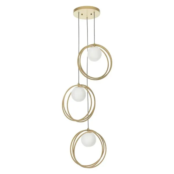 Brushed gold pendant light with opal glass shades complete view