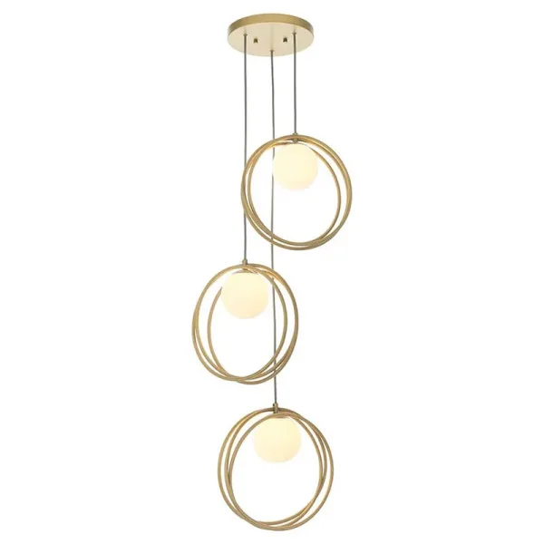 Brushed gold pendant light with opal glass shades height adjustable complete view