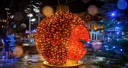 Homepage banner linking to commercial Christmas lights page with festive display