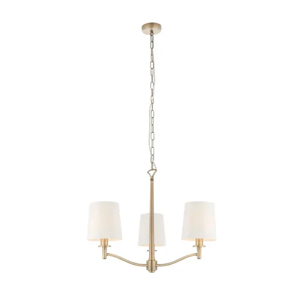 Matt antique brass pendant light with white faux silk shade complete view