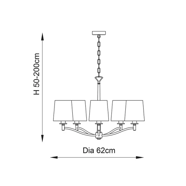 Dimensions of matt antique brass pendant light with white faux silk shades