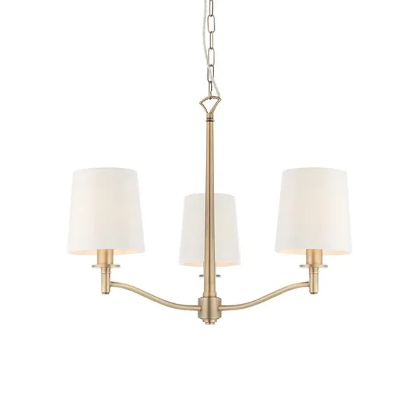 Matt antique brass pendant light with white faux silk shades white background