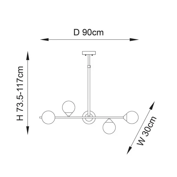 Dimensions of modern satin brass linear bar pendant light with glass shades