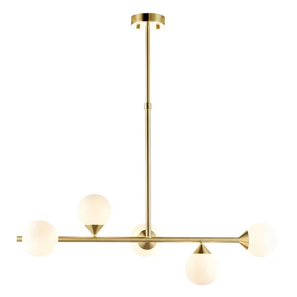 Modern satin brass linear bar pendant light with glass shades height adjustable complete view