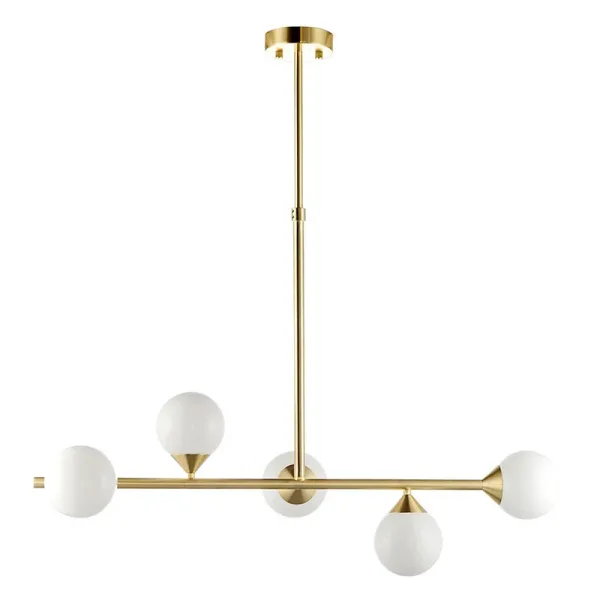 Modern satin brass linear bar pendant light with glass shades height adjustable complete view non lit