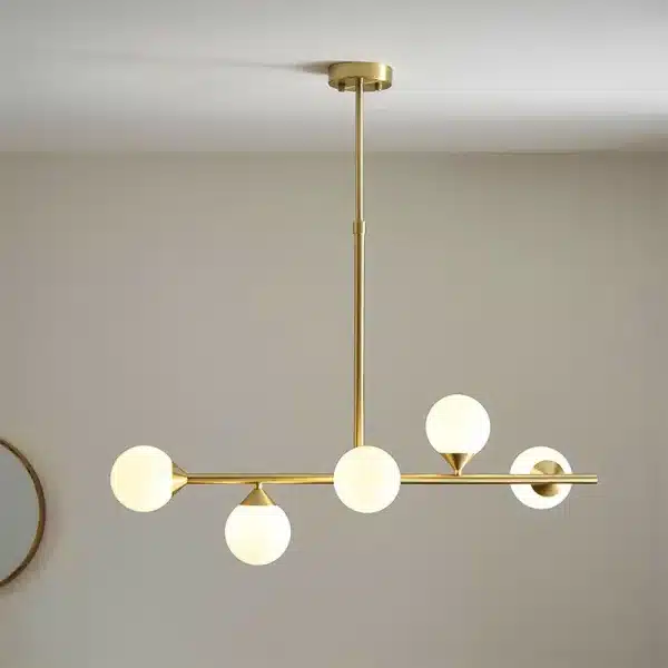 Modern satin brass linear bar pendant light with glass shades product view