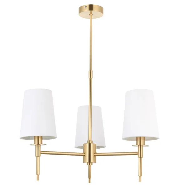 Satin brass pendant light with vintage white fabric shades non lit white background