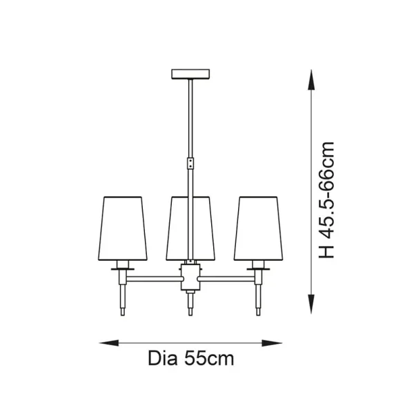 Dimensions of satin brass pendant light with white fabric shades