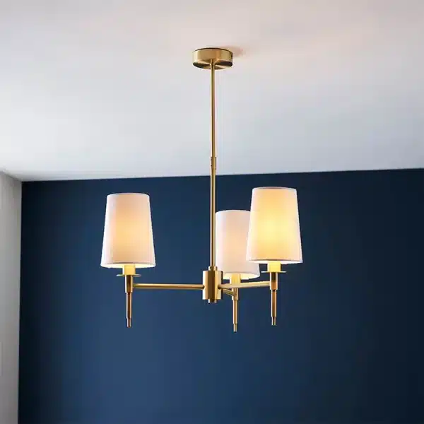 Satin brass pendant light with white fabric shades product view