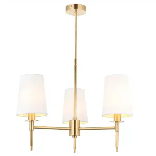 Satin brass pendant light with white fabric shades complete view