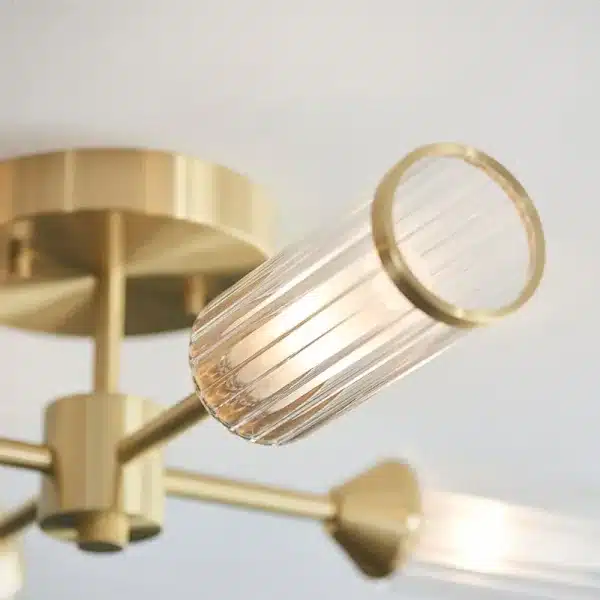Satin brass semi flush ceiling light ribbed glass shade view