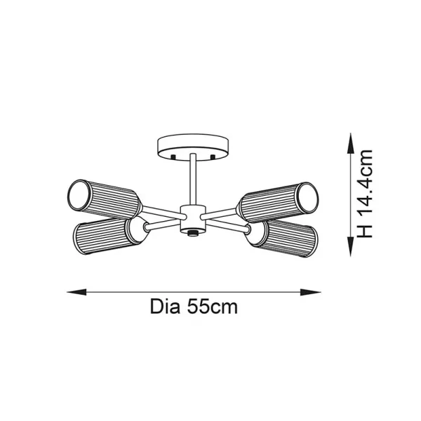 Dimensions of satin brass semi flush ceiling light with ribbed glass shades