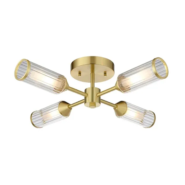 Satin brass semi flush ceiling light with ribbed glass shades lit white background