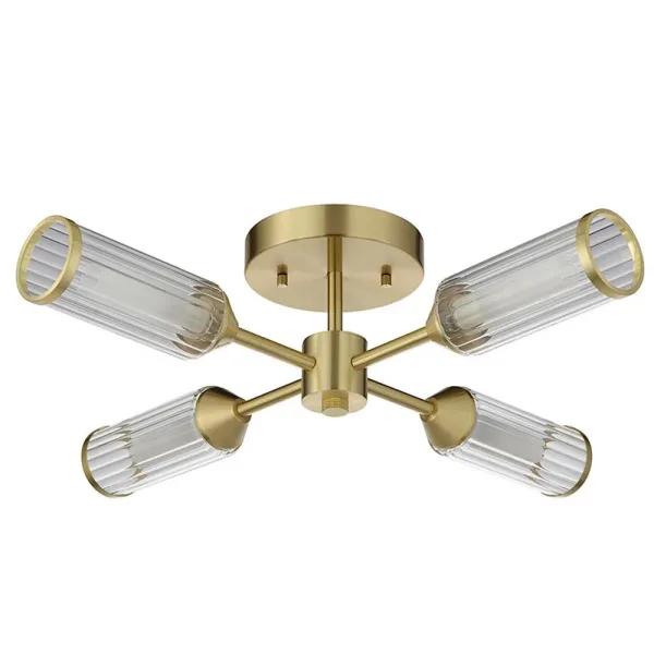 Satin brass semi flush ceiling light with ribbed glass shades non lit white background