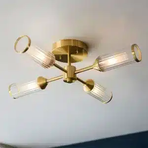 Satin brass semi flush ceiling light with ribbed glass shades product view