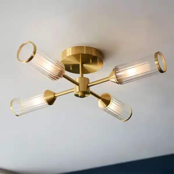 Satin brass semi flush ceiling light with ribbed glass shades product view