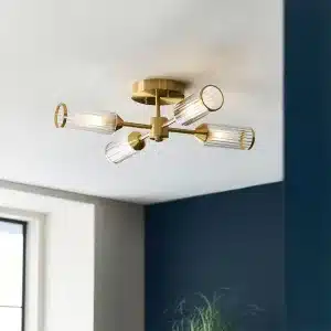 Satin brass semi flush ceiling light with ribbed glass shades in hallway