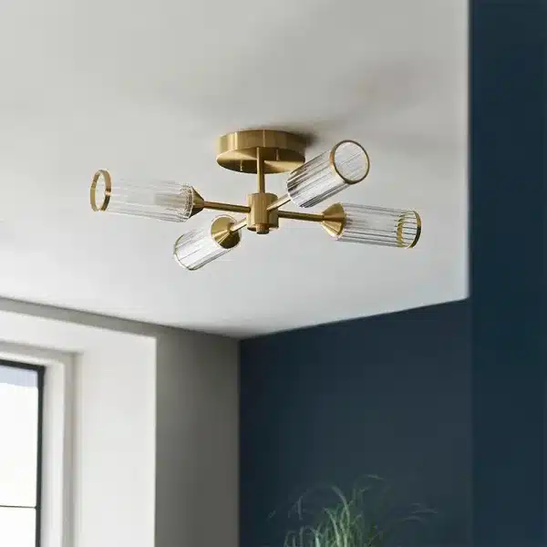 Satin brass semi flush ceiling light with ribbed glass shades in hallway non lit