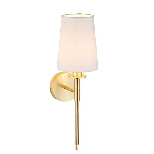 Satin brass wall light lit on white background