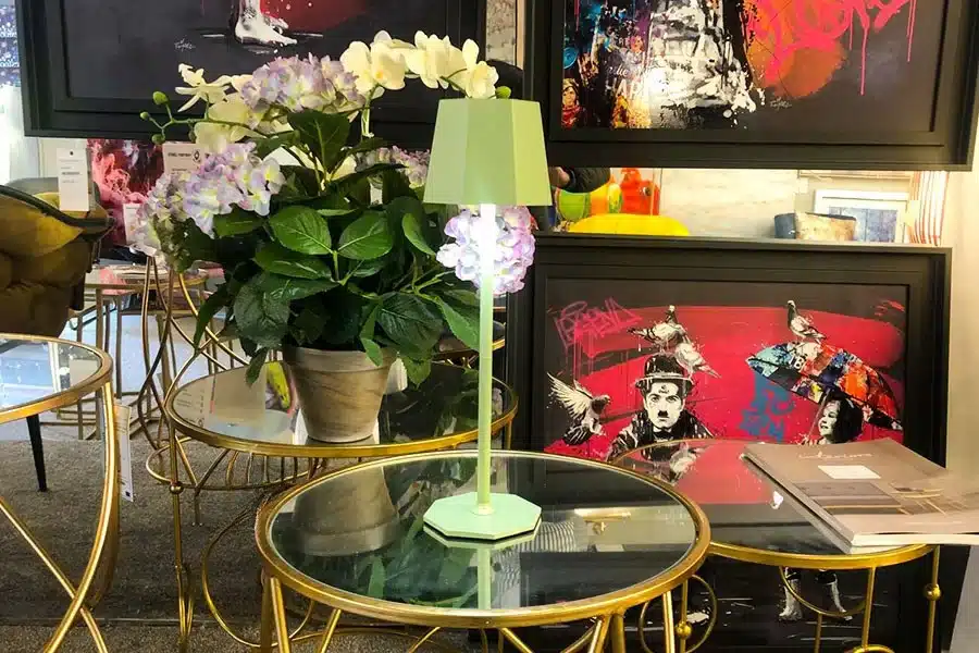 Rechargeable green table lamp for indoor and outdoor use