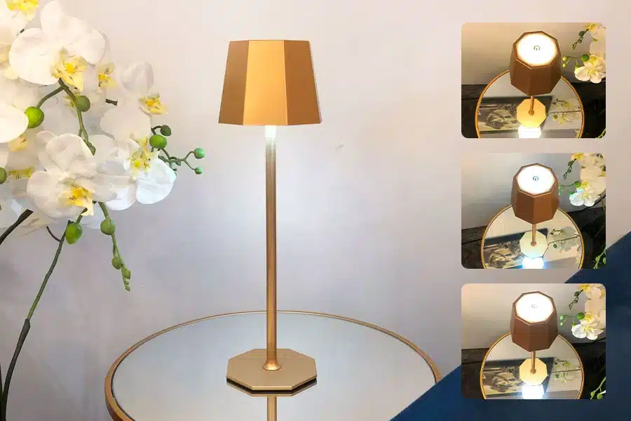 Rechargeable table lamp on a table with three different lighting modes
