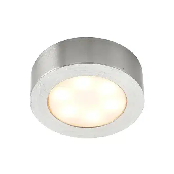 LED round satin nickel under cabinet light warm white
