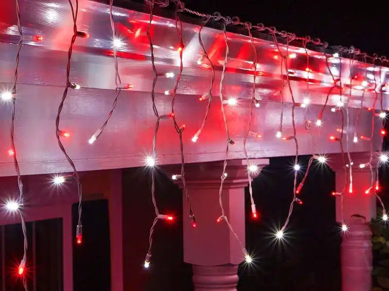 Red with ice white flash icicle lights for rooflines, fences and shop fronts