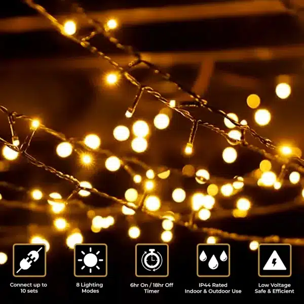 100 multifunction connectable Christmas lights in black cable features