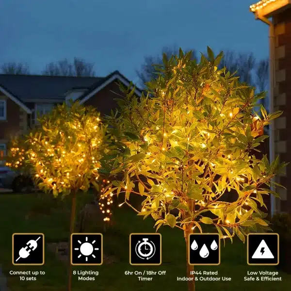 100 multifunction connectable Christmas lights warm white in clear cable features