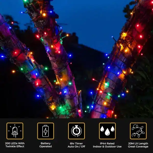 200 LED battery operated Christmas lights multicolour with twinkle effect features