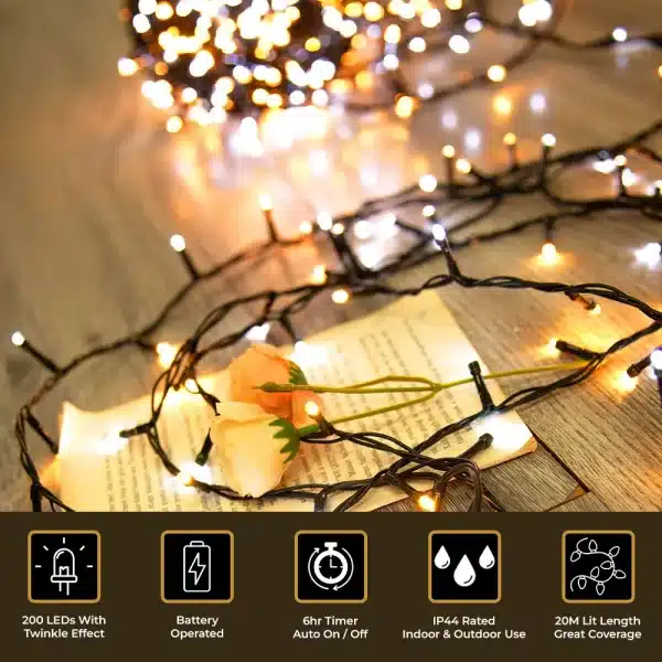 200 LED Battery Christmas Lights Warm White with Ice White Flash Features