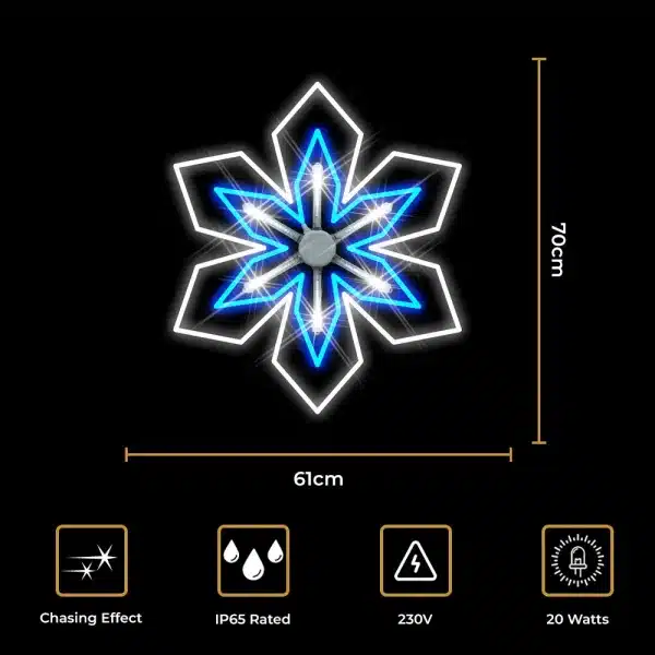 2D Blue snowflake LED Christmas decoration with chasing effect size and features