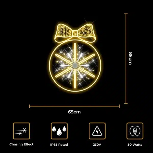 2D Christmas bauble with bow & chasing effect for outdoor use size and features