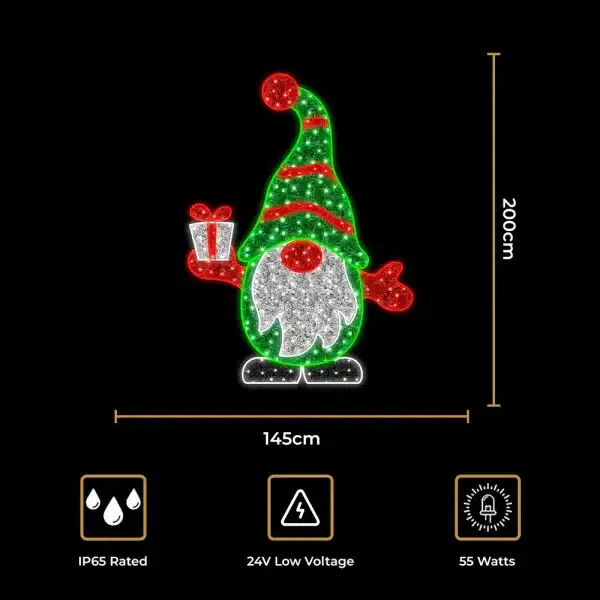 2D Santa gnome with gift Christmas decoration size and features