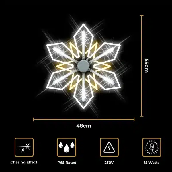 2D LED snowflake Christmas decoration showing dimensions 48cm by 55cm and key features including ice white tubes, warm white star, chasing effect, IP65 rating, 15W 230V