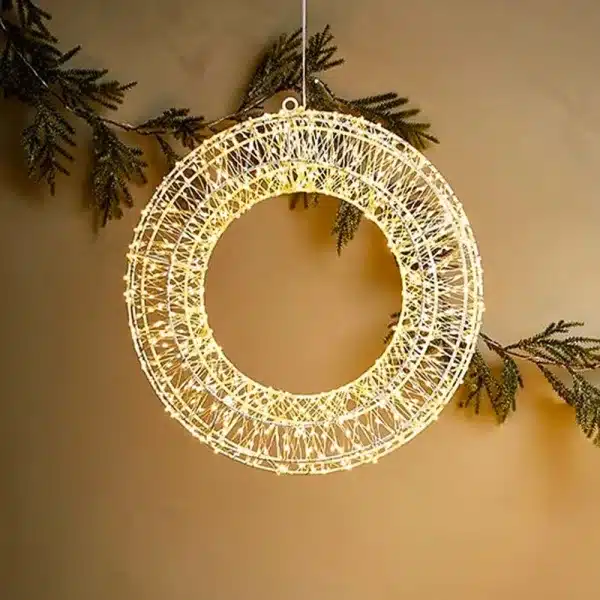 Gold frame pre-lit Christmas wreath 60cm diameter outdoor display
