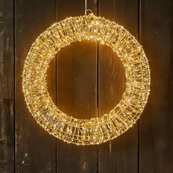Gold frame pre-lit Christmas wreath 90cm diameter outside display