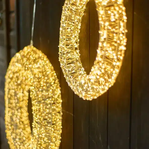 Gold frame pre-lit Christmas wreath 90cm diameter outside view