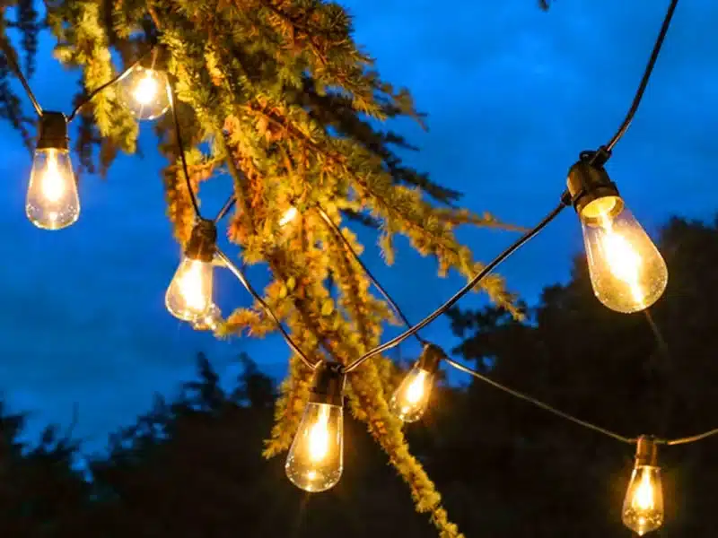 20 LED warm white vintage festoon lights ideal for garden parties, patios and outdoor seating areas