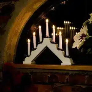 7 lights wooden candlestick in white colour for mantels and tabletops with warm white lighting
