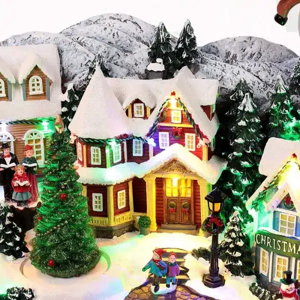 Animated Christmas village scene with Santa on his sleigh house and tree details