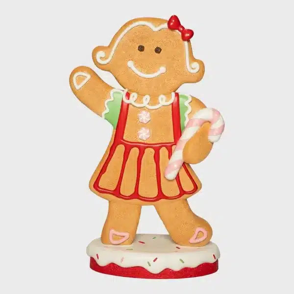 Battery operated LED large fibreglass gingerbread girl with candy cane Christmas decoration