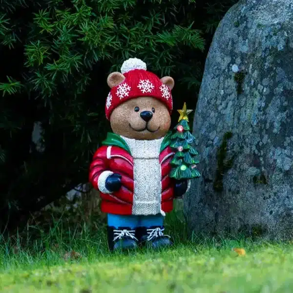 Battery operated illuminated teddy bear outdoor Christmas decoration made from polyresin