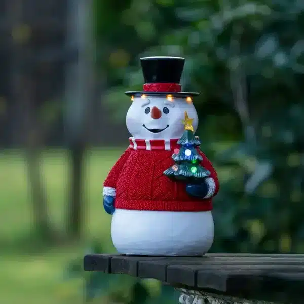 Battery operated snowman outdoor Christmas decoration with multi colour LEDs