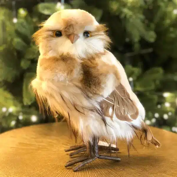 Furry owl in brown colour with smooth head design 27cm tall Christmas decoration close up