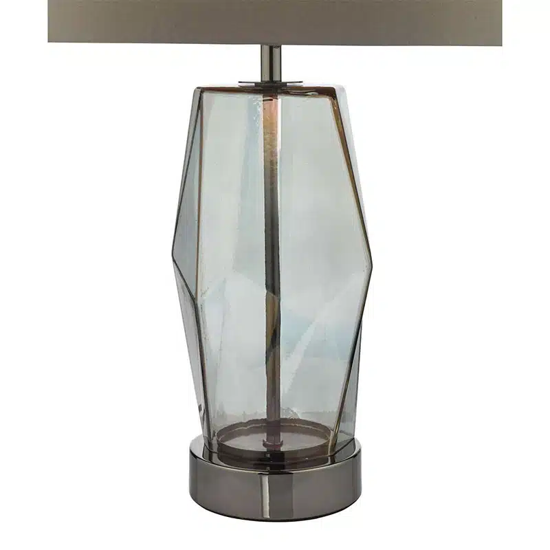 smoked-glass-touch-lamp-faceted-base-closeup Faceted smoked glass table lamp base with black chrome finish