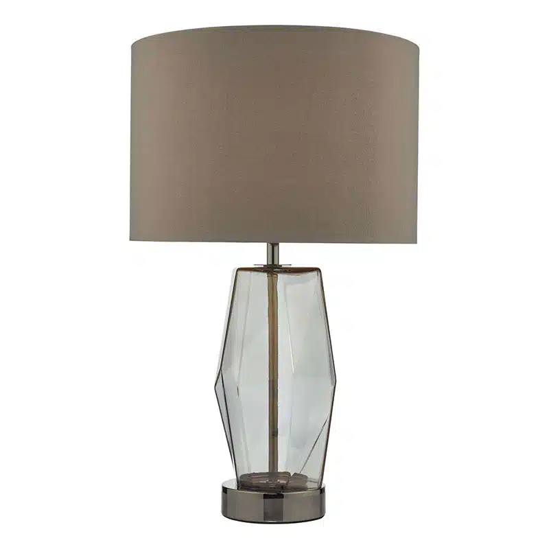 smoked-glass-touch-table-lamp-grey-drum-shade-front Smoked glass touch table lamp with grey drum shade, front view